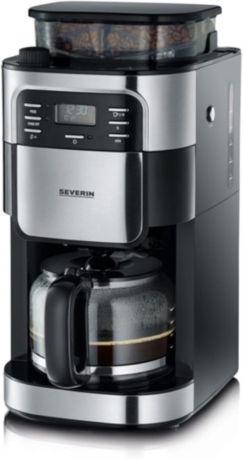SEVERIN Kaffeemaschine mit Mahlwerk, Kaffeeautomat mit Glaskanne und Timer-Funktion, auch als Filterkaffeemaschine, Glas-Kaffeekanne für 8 Tassen, 1000 Watt, Edelstahl-gebürstet / Schwarz, KA 4810