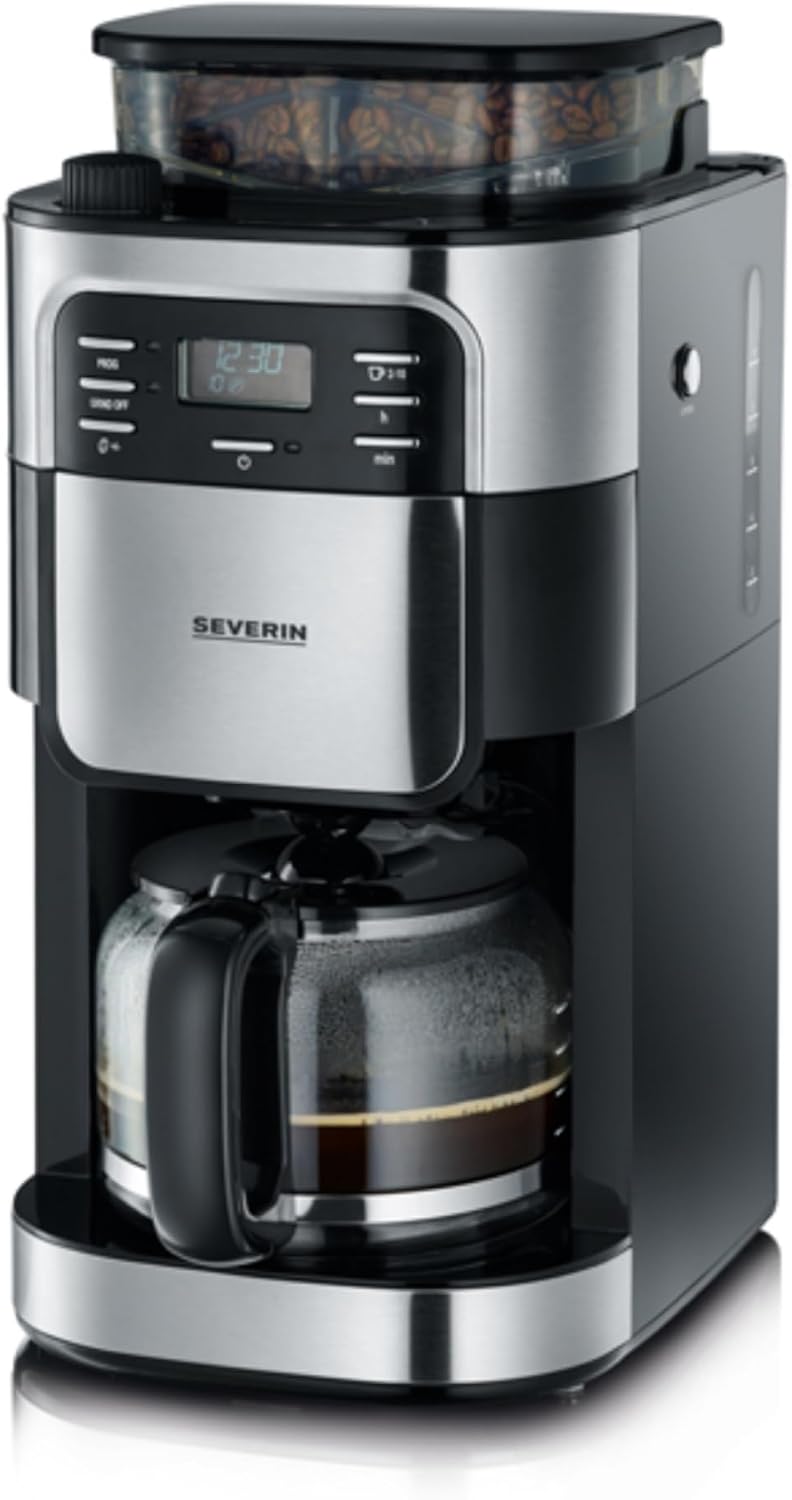 SEVERIN Kaffeemaschine mit Mahlwerk, Kaffeeautomat mit Glaskanne und Timer-Funktion, auch als Filterkaffeemaschine, Glas-Kaffeekanne für 8 Tassen, 1000 Watt, Edelstahl-gebürstet / Schwarz, KA 4810