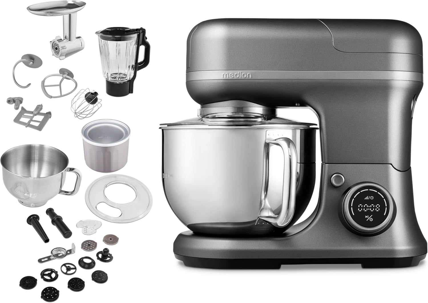 MEDION Küchenmaschine mit Fleischwolf - Mixer, 4in1 - Titan