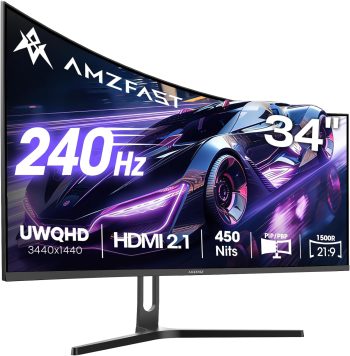 Amzfast 34 Zoll Curved Gaming Monitor, 3440x1440 UWQHD, 240Hz, 1ms MPRT, 1500R VA Curved, 21:9, 3000:1 Kontrast, 450cd/m², 130% sRGB, Adaptive Sync, Pip/PBP, HDMI2.1&DP1.4, VESA75x75, AMZG34C5QPro