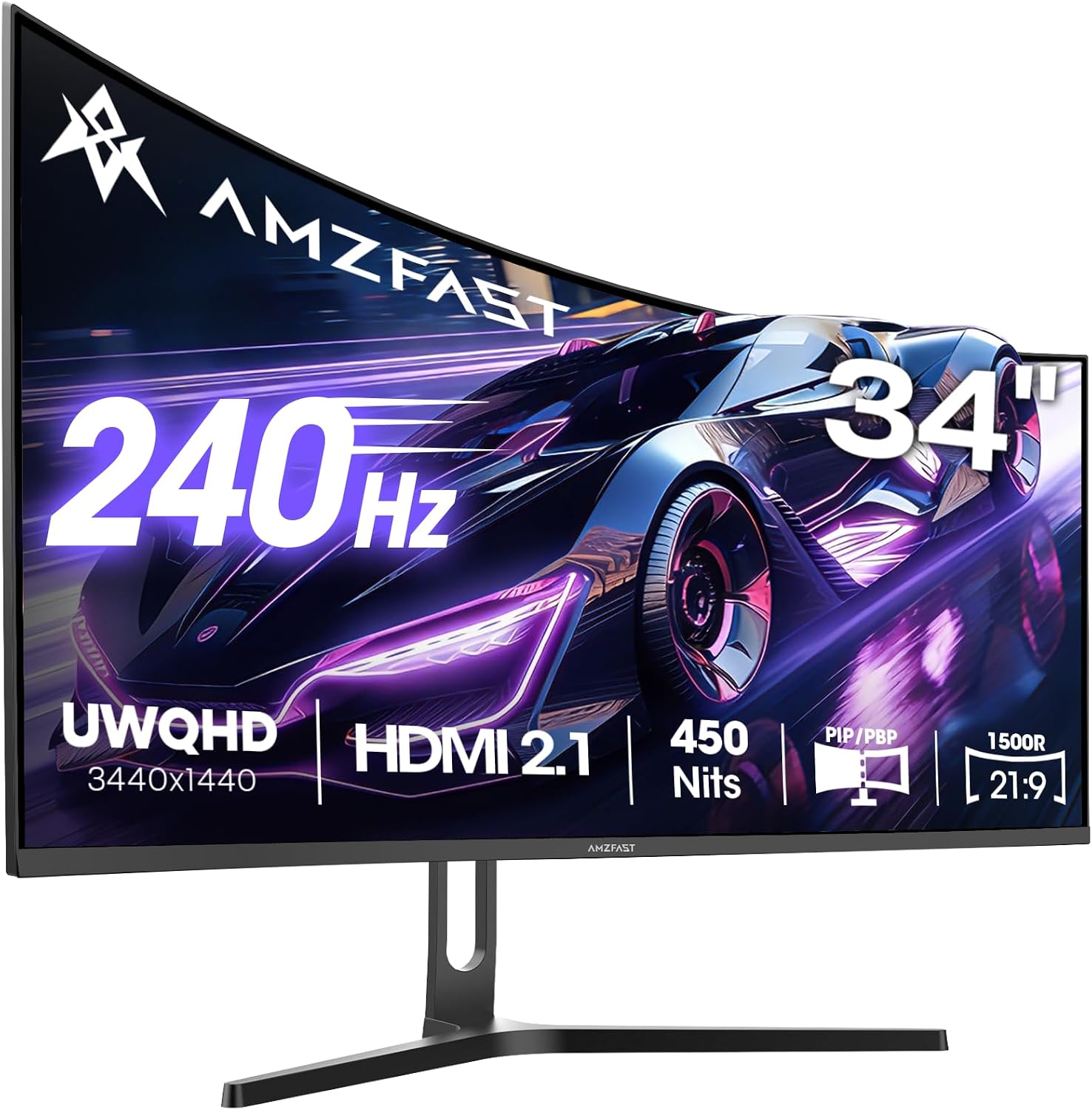 Amzfast 34 Zoll Curved Gaming Monitor, 3440x1440 UWQHD, 240Hz, 1ms MPRT, 1500R VA Curved, 21:9, 3000:1 Kontrast, 450cd/m², 130% sRGB, Adaptive Sync, Pip/PBP, HDMI2.1&DP1.4, VESA75x75, AMZG34C5QPro
