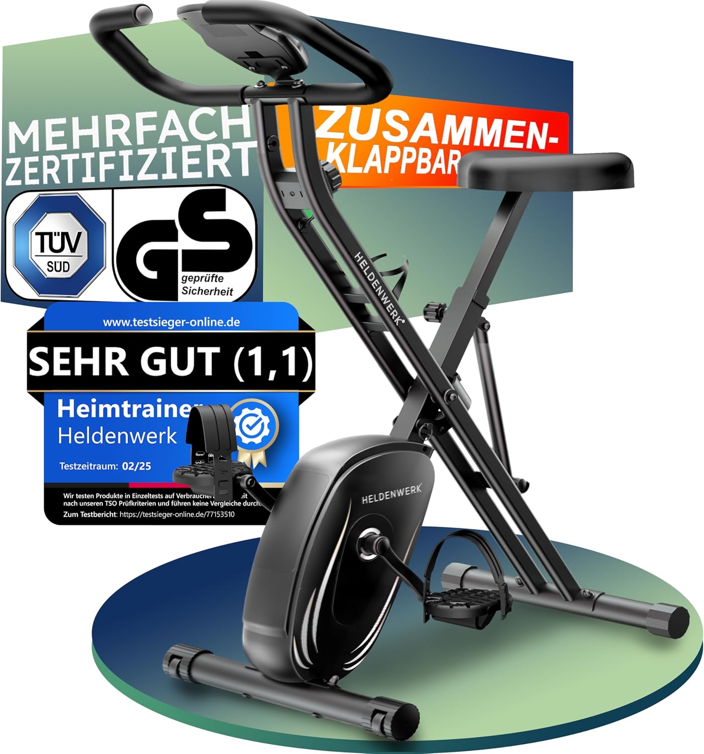 HELDENWERK® Heimtrainer Fahrrad klappbar Hometrainer TÜV/GS geprüft, leise