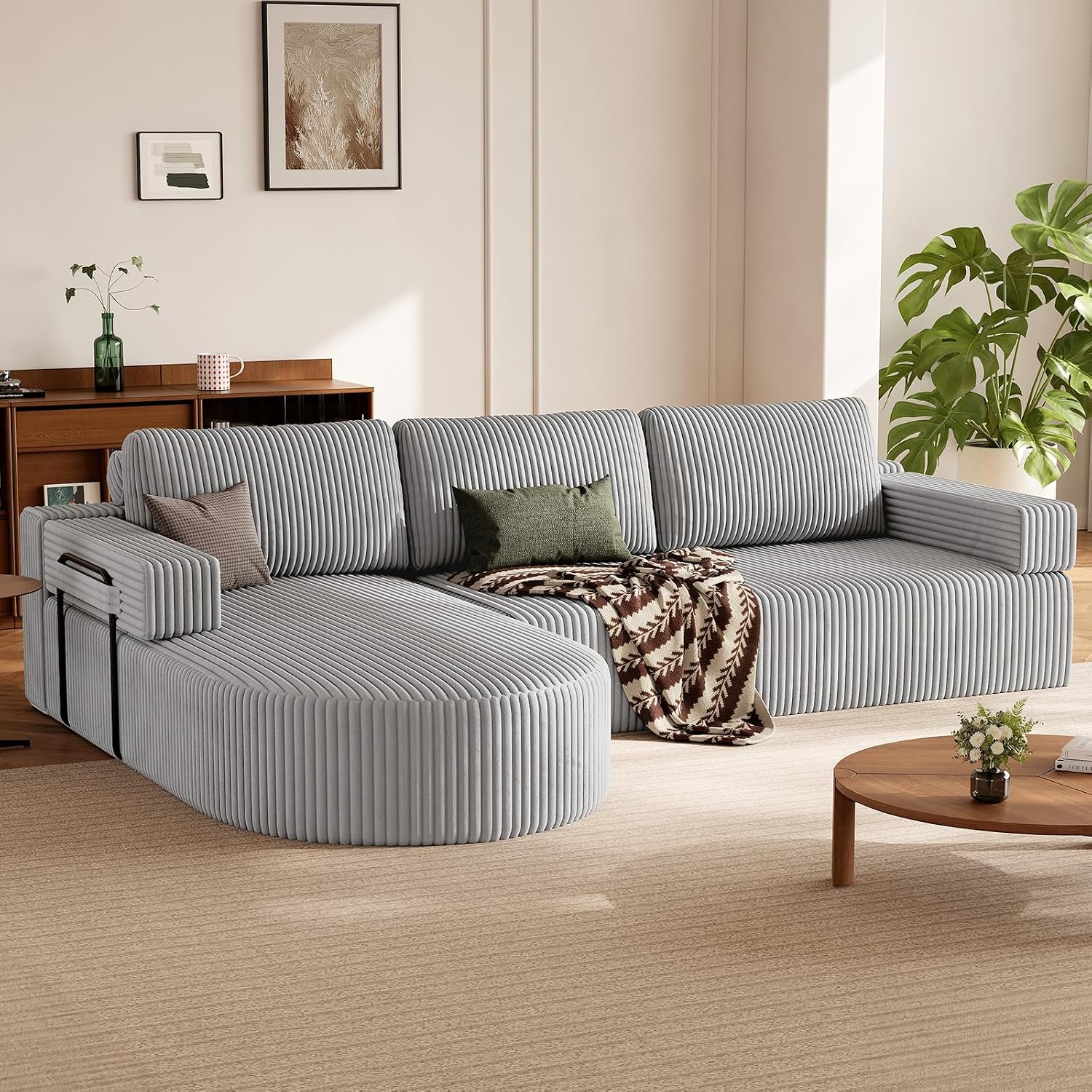 HOMRELEXA Ecksofa mit Schlaffunktion,Cord Schlafsofa L Form, Boneless Couch