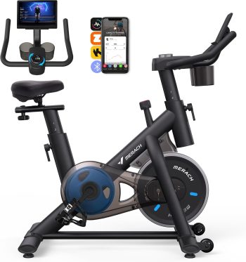 MERACH Heimtrainer Fahrrad mit Verstellbarem Widerstand, Leises Hometrainer Fahrrad mit Verbessertem LED-Monitor, Tablet-Halter, Indoor Cycling Bike für Kardiotraining zu Hause, Eigener App, Bis 136KG