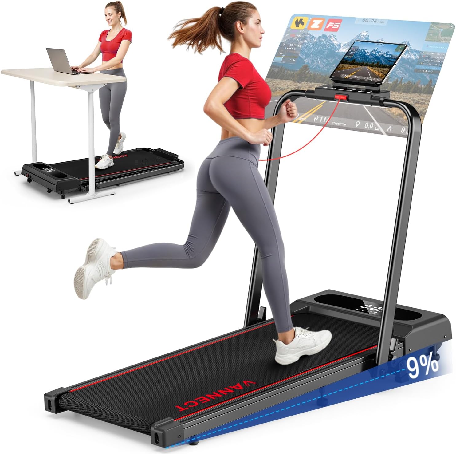 Laufband für Zuhause, 1-12 km/h Walking Pad mit 9% Steigung, 2.75 HP Klappbares Laufband mit App, Walking Pad Klappbar mit LED-Anzeige, 12 Programmen, Bis 160KG, Magnetische Fernbedienung