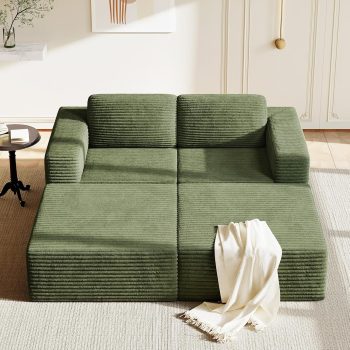 Vesgantti 202 cm Modulares Ecksofa, 2-Sitzer Sofa mit Schlaffunktion aus Cord, mit Federkern & 3D-Schaum, extra tiefer Sitzfläche, Polstersofa mit Ottomane, ohne Montage, Rutschfester Boden, Grün