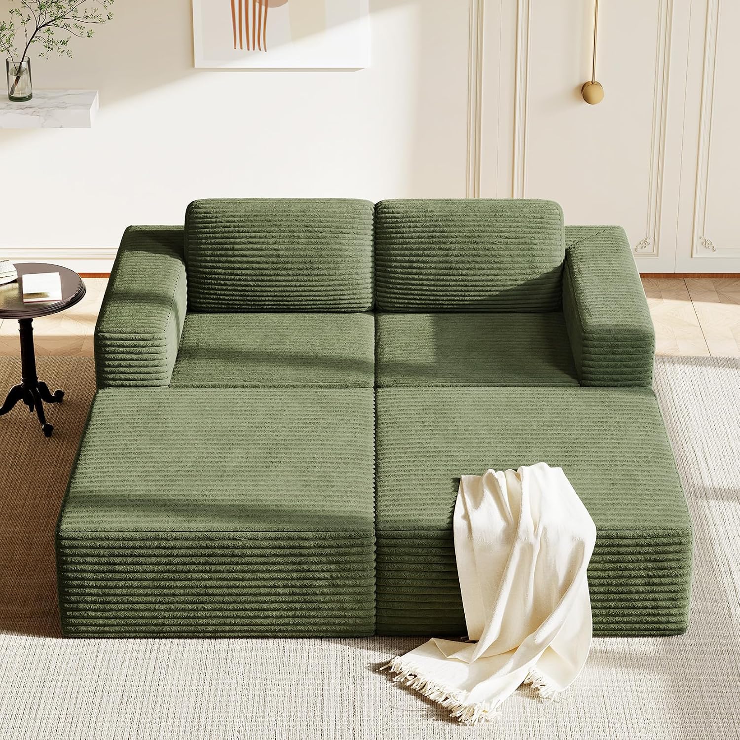 Vesgantti 202 cm Modulares Ecksofa, 2-Sitzer Sofa mit Schlaffunktion aus Cord, mit Federkern & 3D-Schaum, extra tiefer Sitzfläche, Polstersofa mit Ottomane, ohne Montage, Rutschfester Boden, Grün
