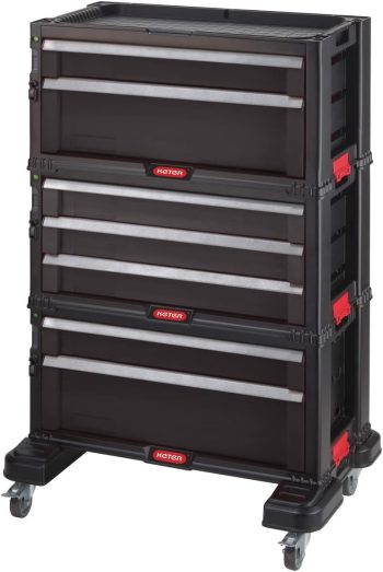 KETER Trolley Modul mit 7 Schubladen – Werkstattwagen für kleine und große Werkzeuge – Abnehmbare Lenkrollen mit Bremsen, 60 x 37,8 x 83,2 cm, Schwarz, mit Kleinteileorganizer, mobile Werkstatt