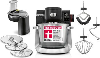 Bosch Küchenmaschine Serie 6, 7 Automatikprogramme, integr. Waage, 5,5l Schüssel, Durchlaufschnitzler, Scheiben, Knethaken/Rührbesen/Silikonbesen, spülmaschinenfest, 1600 W, silber/schwarz, MUMS6ZS13D