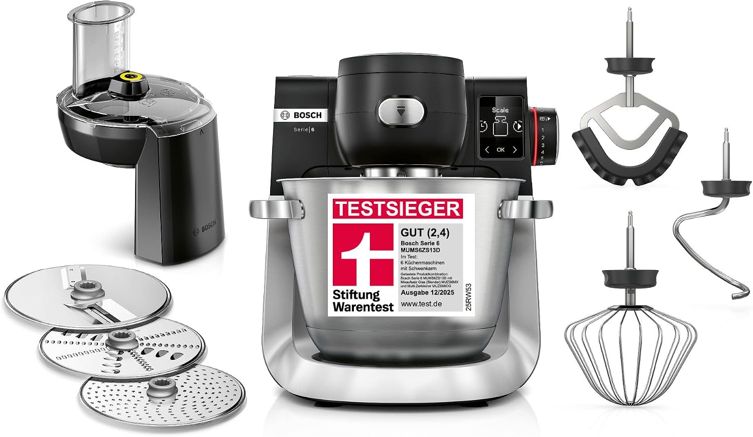 Bosch Küchenmaschine Serie 6, 7 Automatikprogramme, integr. Waage, 5,5l Schüssel, Durchlaufschnitzler, Scheiben, Knethaken/Rührbesen/Silikonbesen, spülmaschinenfest, 1600 W, silber/schwarz, MUMS6ZS13D