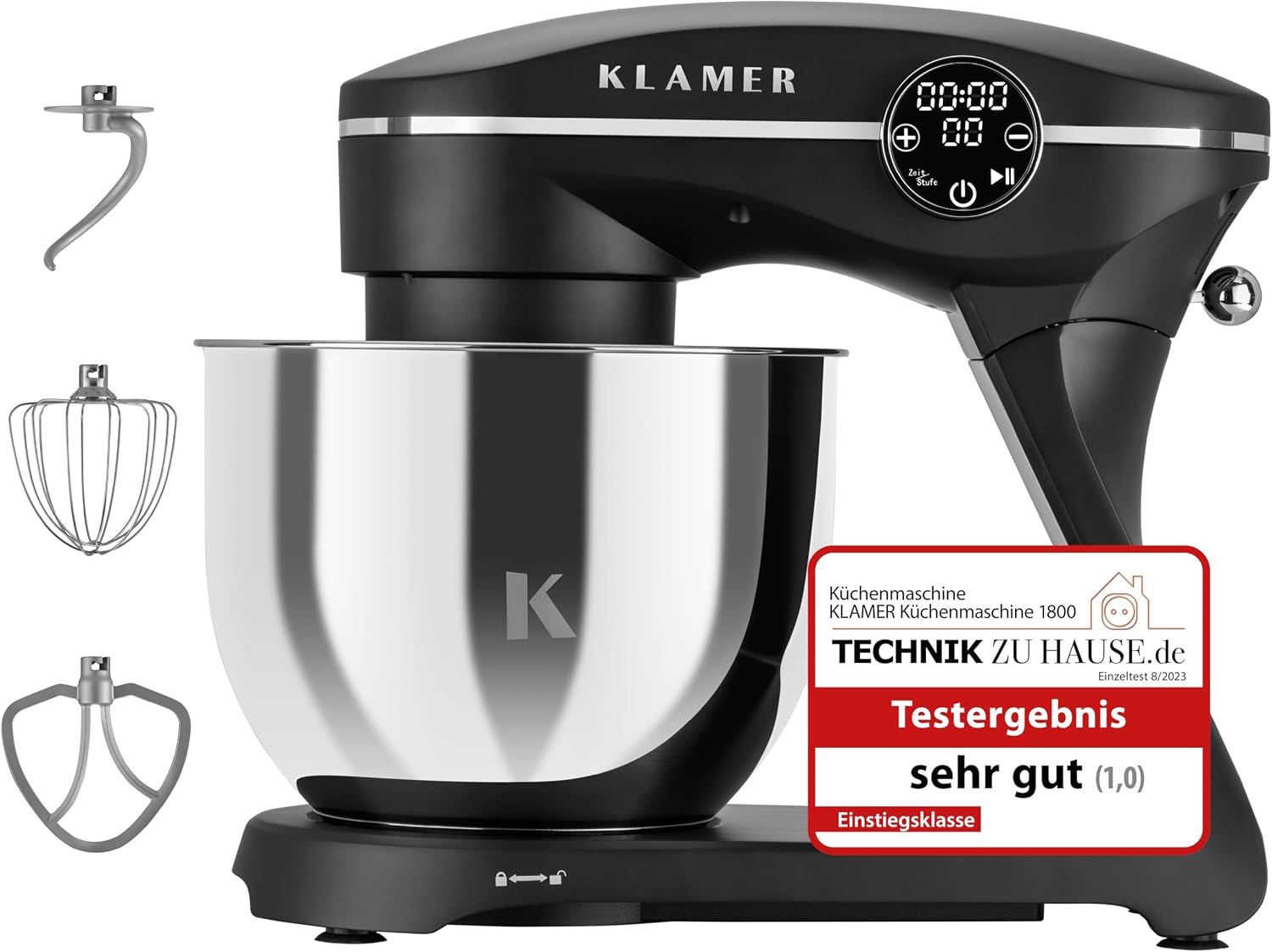 KLAMER Küchenmaschine 1800W, Knetmaschine Brotteig mit 6L Edelstahlschüssel