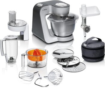 Bosch Küchenmaschine Serie 4, Schüssel 3,9 L spülmaschinenfest, Mixer 1,25 L, Fleischwolf, Zitruspresse, Knethaken, Rührbesen, Durchlaufschnitzler, 3 Scheiben, 900 W, Anthrazit/Silber, MUM56340
