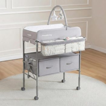 Maydolly Tragbarer Wickeltisch für Babys, Multifunktionaler Faltbarer Wickeltisch, Höhenverstellbar mit Rädern und 2 Aufbewahrungskörben, Wasserdichtes Sitzkissen zum Wickeln, Grau