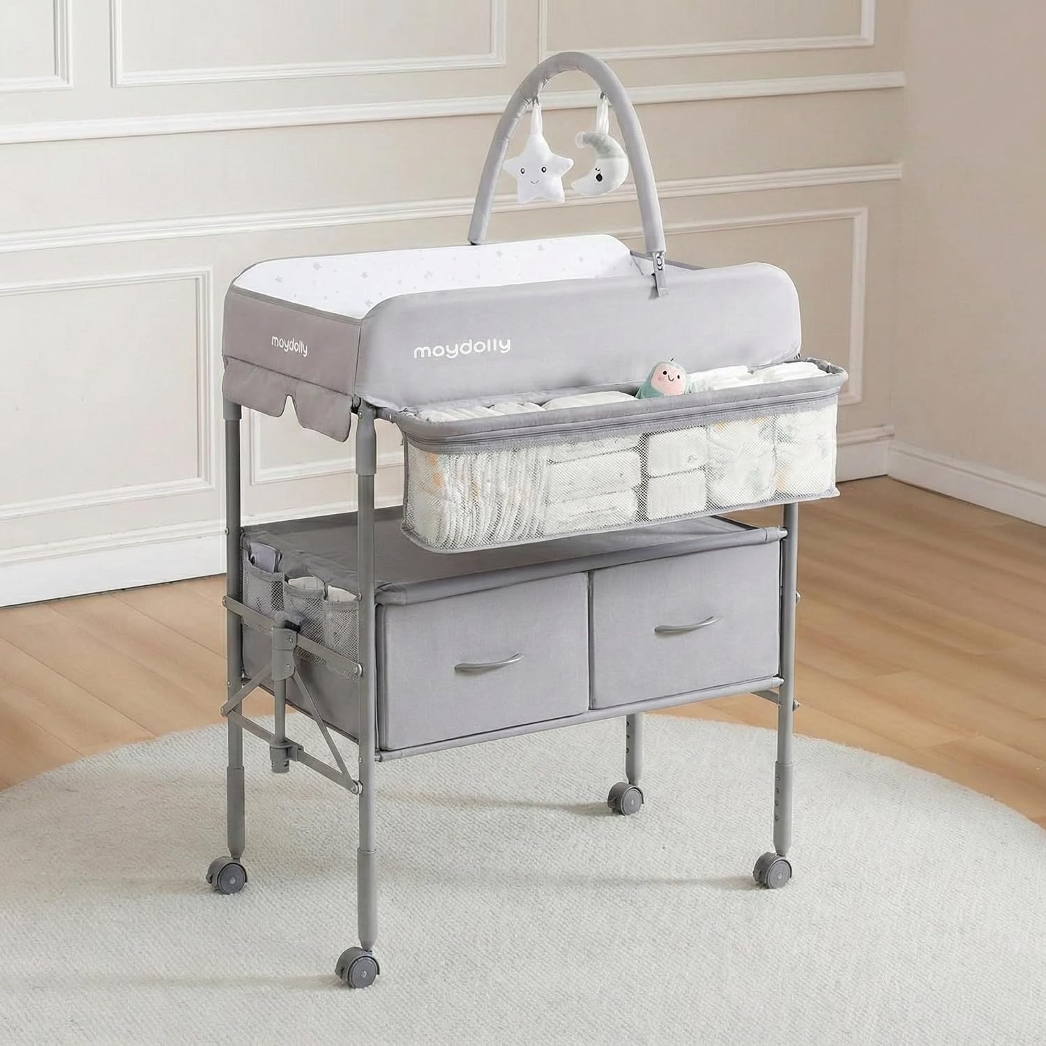 Maydolly Tragbarer Wickeltisch für Babys, Multifunktionaler Faltbarer Wickeltisch, Höhenverstellbar mit Rädern und 2 Aufbewahrungskörben, Wasserdichtes Sitzkissen zum Wickeln, Grau