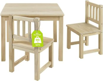 Bomi Kindersitzgruppe Holz Amy | Kindertisch mit 2 Stühlen | Tisch & Stühle Kinderzimmer Set | Kindertisch für drinnen | Maltisch & Basteltisch Kinder | Kindermöbel Holz Naturbelassen