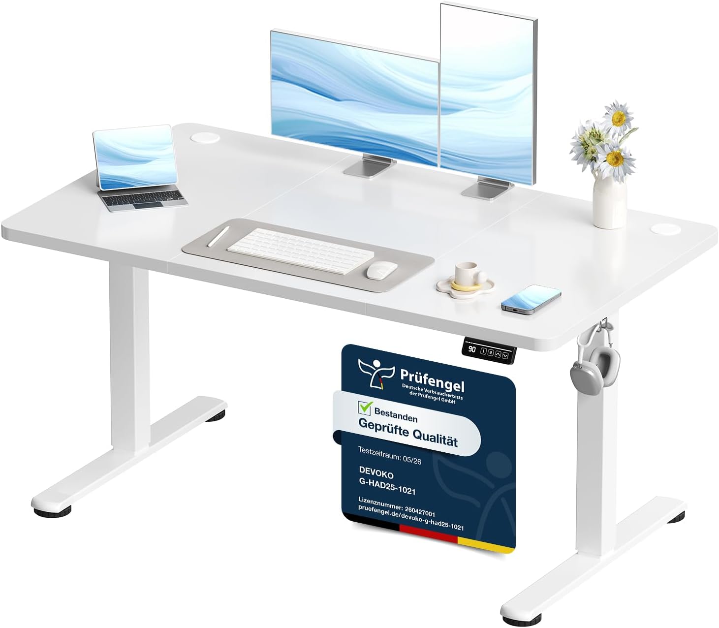 Devoko Elektrisch Höhenverstellbarer Schreibtisch 120 x 60cm, Stabiler Schreibtisch Höhenverstellbar Tisch, Steh-Sitz Bürotisch, Computertisch mit Memory-Funktion, Stehpult, Standing Desk, Weiß