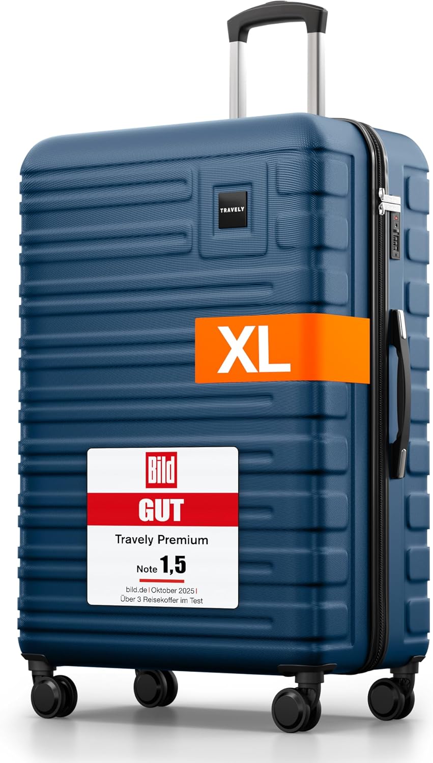 Travely Polycarbonat Koffer Groß 77cm XL - 100L Innenvolumen - 158cm Gurtmaß, sehr robuster Hartschalenkoffer mit sanften Rollen & TSA Schloss, Reisekoffer, Handgepäck Koffer, Reisekoffer mit Rollen