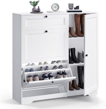 Xbro Schuhschrank mit Schublade, 2 Klappen und Tür, Schuhkipper Schmal, Schuhregal für 20–25 Paar Schuhe, mit verstellbaren Trennwänden, für Flur und Eingangsbereich, 100 x 29,7 x 104 cm, Weiß
