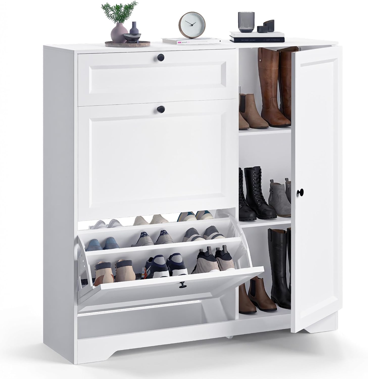 Xbro Schuhschrank mit Schublade, 2 Klappen und Tür, Schuhkipper Schmal, Schuhregal für 20–25 Paar Schuhe, mit verstellbaren Trennwänden, für Flur und Eingangsbereich, 100 x 29,7 x 104 cm, Weiß