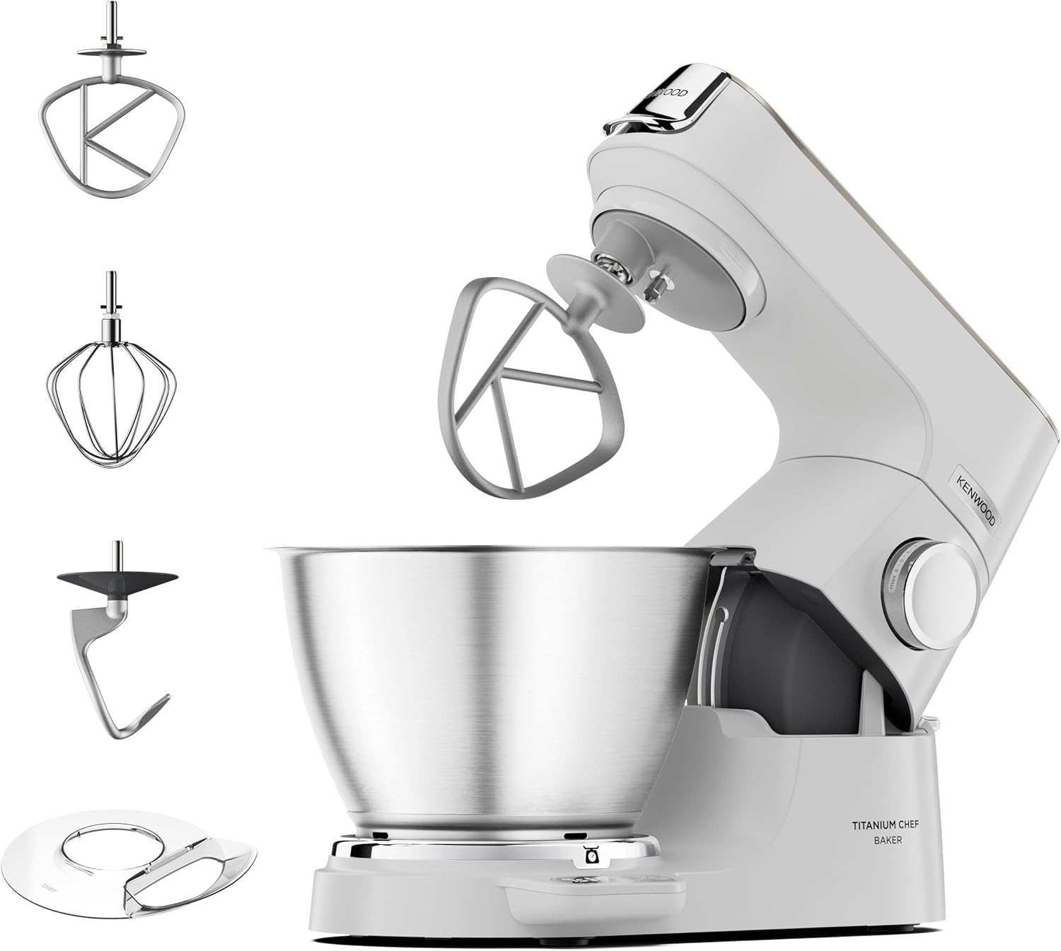 Kenwood Titanium Chef Baker – Küchenmaschine mit Waage inkl. 3-teiligem Patisserie-Set, 5 l Edelstahlschüssel, 1200 W, Weiß (KVC65.001WH)