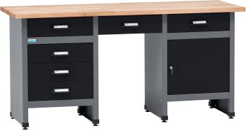 Küpper Werkbank 12579, 170 x 60 x 84 cm, 6 Schubladen, 1 Tür, 300 kg Traglast, 30 mm Massive Buchenarbeitsplatte (Schwarz)