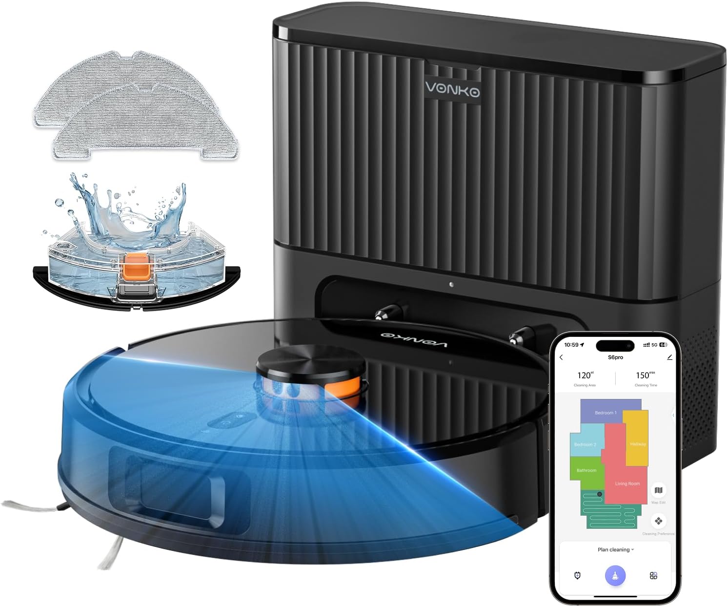 VONKO S6 Pro Saugroboter mit Wischfunktion und Absaugstation, 8000Pa Saugkraft,LiDAR 2.0 Laser Navigation,180 Min.Laufzeit,Teppicherkennung,App/Alexa,Ideal für Tierhaare, Hartböden,Schwarz
