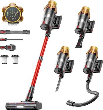 Akku Staubsauger 55KPa/650W/70Min, 1,8L Großer Staubsauger Kabellos LED Display, Anti-Tangle-Bürste, Selbststehend, Wandladestation, 1.5M Schlauch, Ultraleise, für Tierhaare/Teppiche/Hartböden/Auto