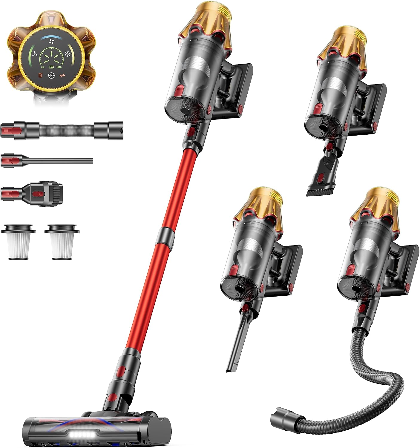 Akku Staubsauger 55KPa/650W/70Min, 1,8L Großer Staubsauger Kabellos LED Display, Anti-Tangle-Bürste, Selbststehend, Wandladestation, 1.5M Schlauch, Ultraleise, für Tierhaare/Teppiche/Hartböden/Auto
