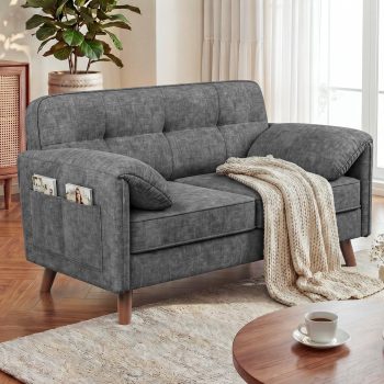 YOUDENOVA Sofa 2 Sitzer Klein, 145cm Mini Sofa mit weichen Armlehnen, Kleines Sofa für Jugendzimmer, Wohnzimmer, Wohnung, Büro, Couch mit Einfache Montage, Chenille Grau