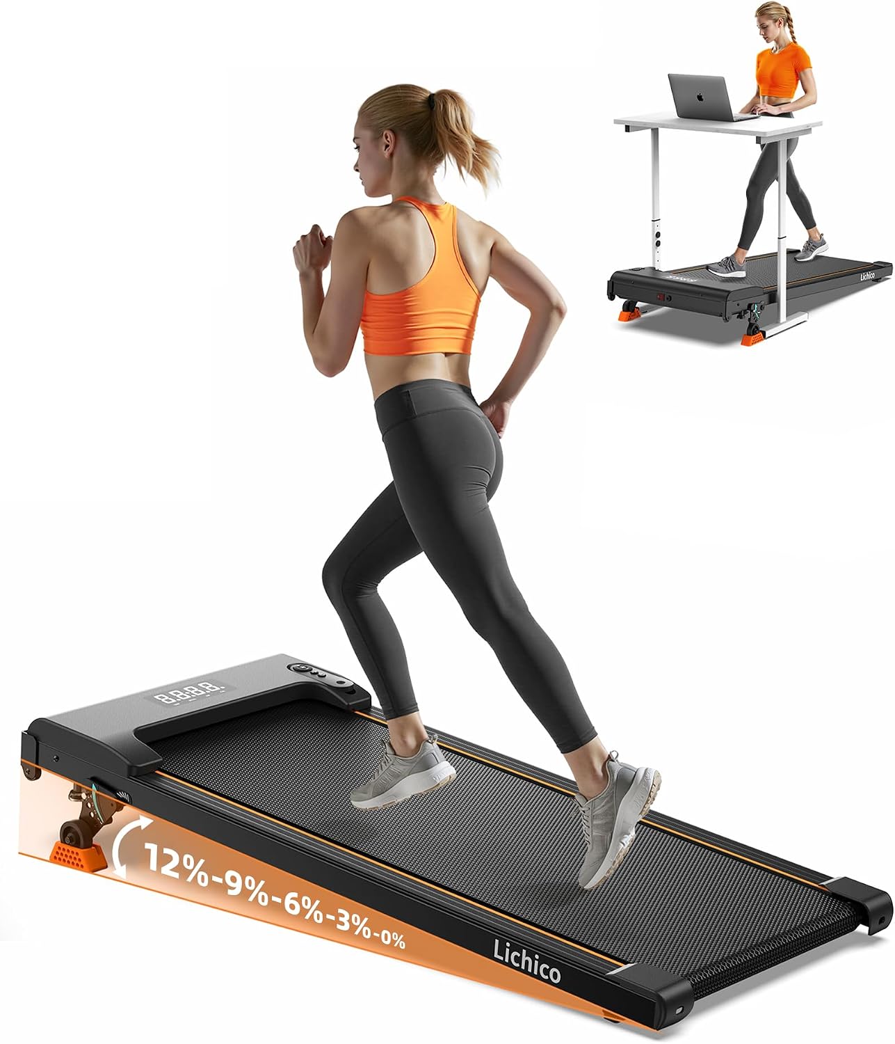 Lichico 3-in-1 Walking Pad mit 0-12% Steigung, Laufband für Zuhause Klein