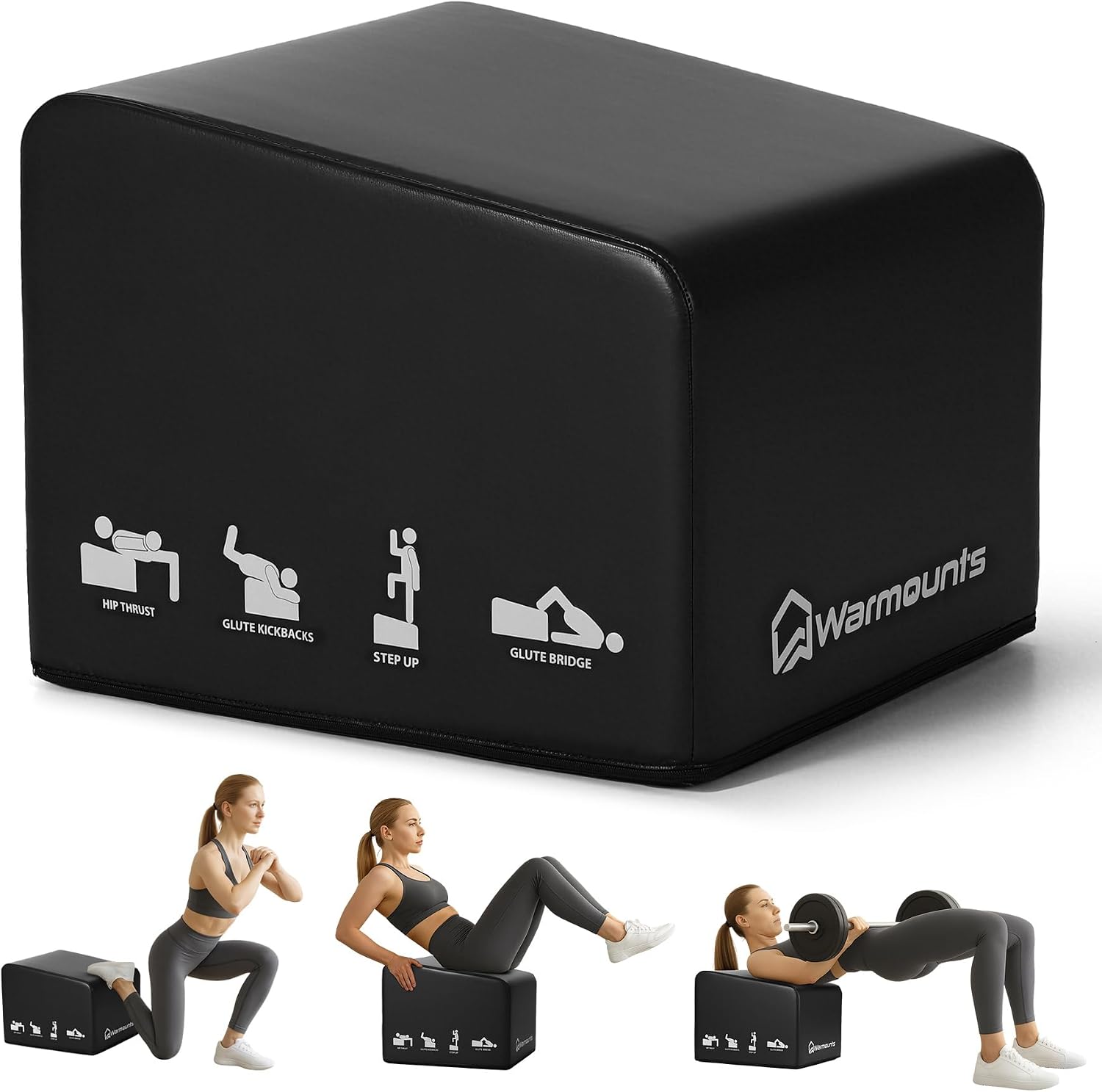 WARMOUNTS Hip Thrust Bench, Multifunktionales Hip Thrust Machine für Krafttraining, Gesäßbrückenbox mit Griff, Anti-Rutsch-Pad und glattem Rand-Design, für Zuhause und Fitnessstudio