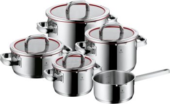 WMF Function 4 Topfset Induktion 5-teilig, Glasdeckel mit 4 Abgießfunktionen, Cromargan Edelstahl poliert, Induktions Töpfe Set, Innenskalierung