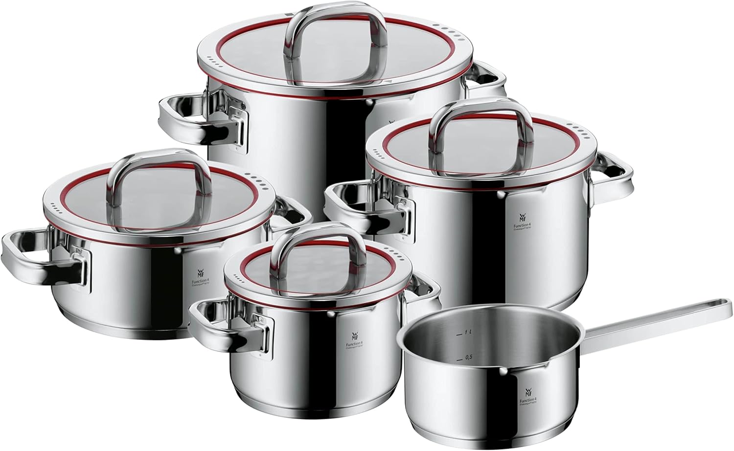 WMF Function 4 Topfset Induktion 5-teilig, Glasdeckel mit 4 Abgießfunktionen, Cromargan Edelstahl poliert, Induktions Töpfe Set, Innenskalierung