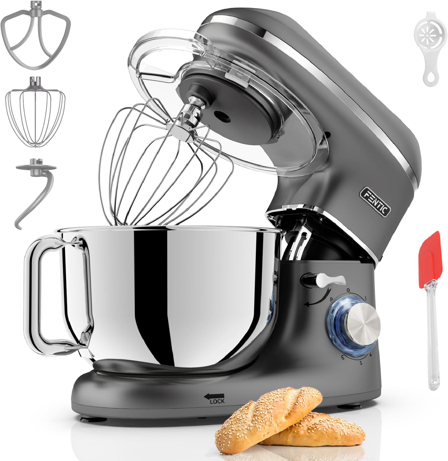Küchenmaschine - 2000W - Edelstahl Rührschüssel (6,2 L) - Knetmaschine mit Rührhaken, Knethaken, Schlagbesen und Spritzschutz - Inkl. zusätzlichem Zubehör - Anthrazit