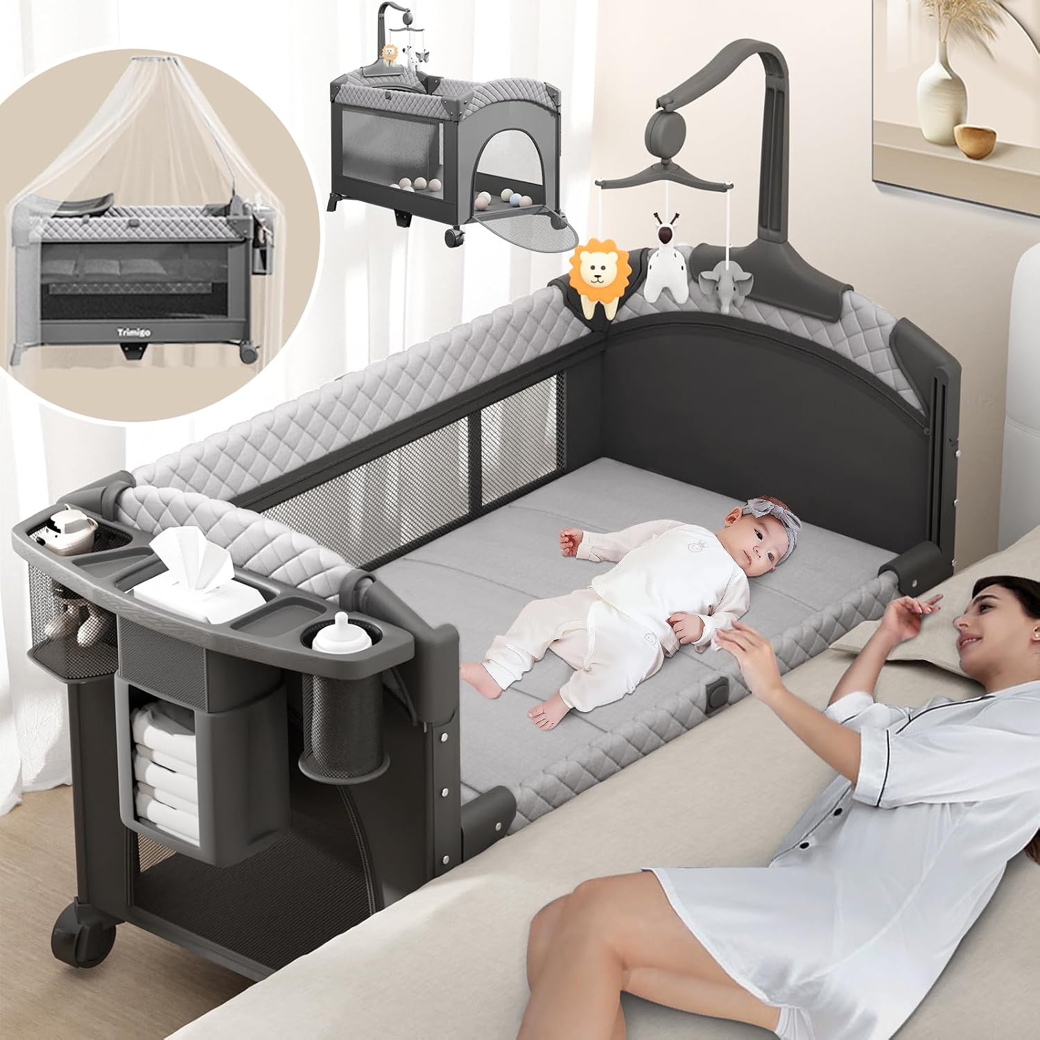 Klappbares babybett&Reisebett & Beistellbett –Tragbar Baby Bett Höhenverstellbar, Tragbar & Einfach zu Verstauen, inkl. Spielzeug, Wickeltisch und Moskitonetz – Geschenk für Junge Eltern