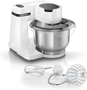 Bosch Küchenmaschine Serie 2, kleine Küchenmaschine, Edelstahl-Schüssel 3,8 L, Knethaken, Schlag-, Rührbesen spülmaschinenfest, 4 Arbeitsstufen, 700W, weiß, MUMS2EW00