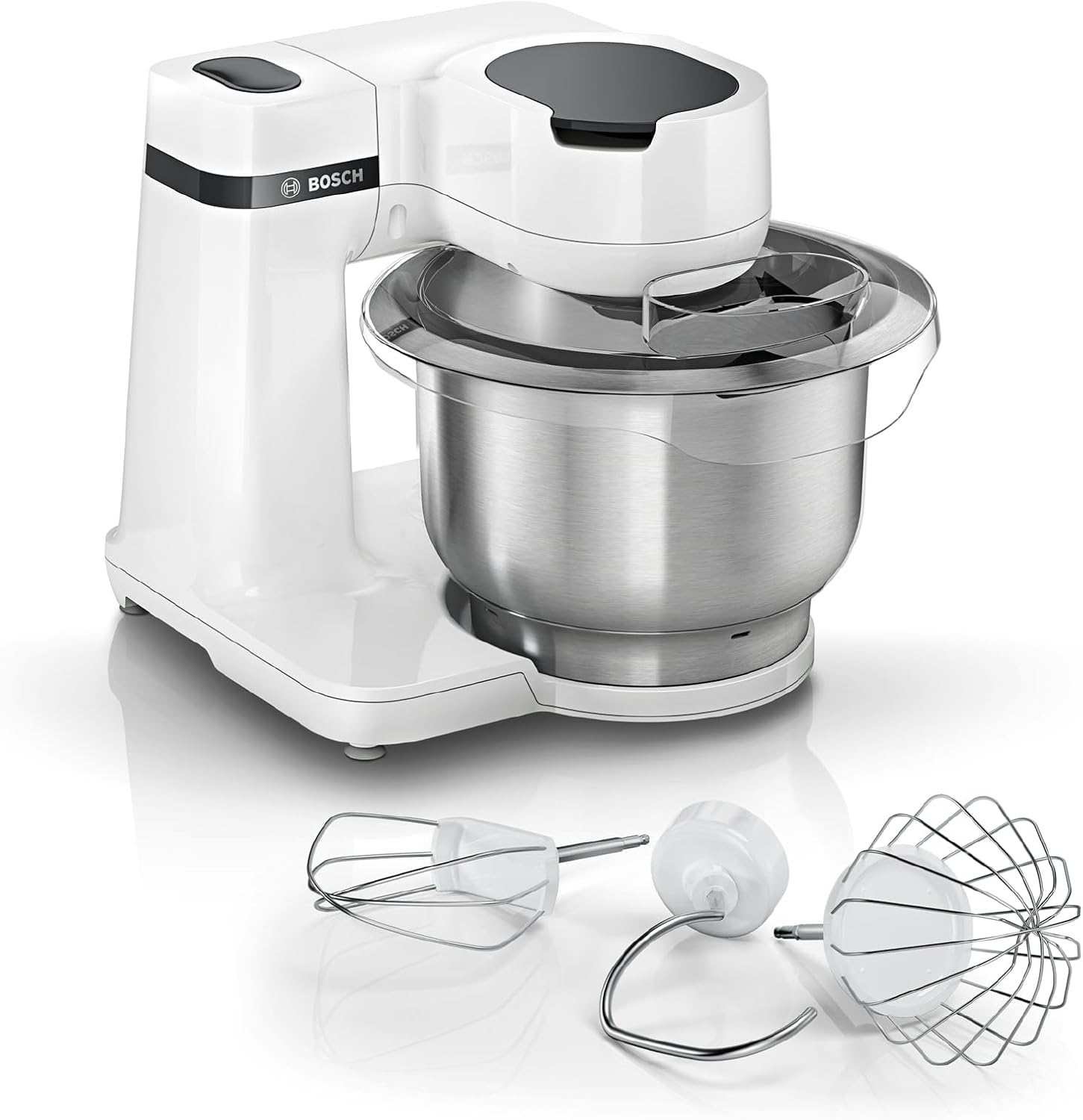 Bosch Küchenmaschine Serie 2, kleine Küchenmaschine, Edelstahl-Schüssel 3,8 L, Knethaken, Schlag-, Rührbesen spülmaschinenfest, 4 Arbeitsstufen, 700W, weiß, MUMS2EW00
