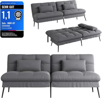 COMHOMA Schlafsofa mit Schlaffunktion – Futonbezug ausklappbar – Ecksofa – Gästesofa 3-Sitzer – mit Verstellbarer Rückenlehne aus grauem Stoff