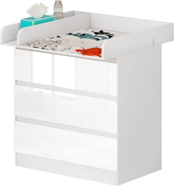 WOLTU Wickelkommode mit Wickelaufsatz, Kommode mit 3 Schubladen, Wickeltisch mit geräuscharmen Metallschienen Kippschutz, 86 cm für Lendenwirbelschutz, weiß