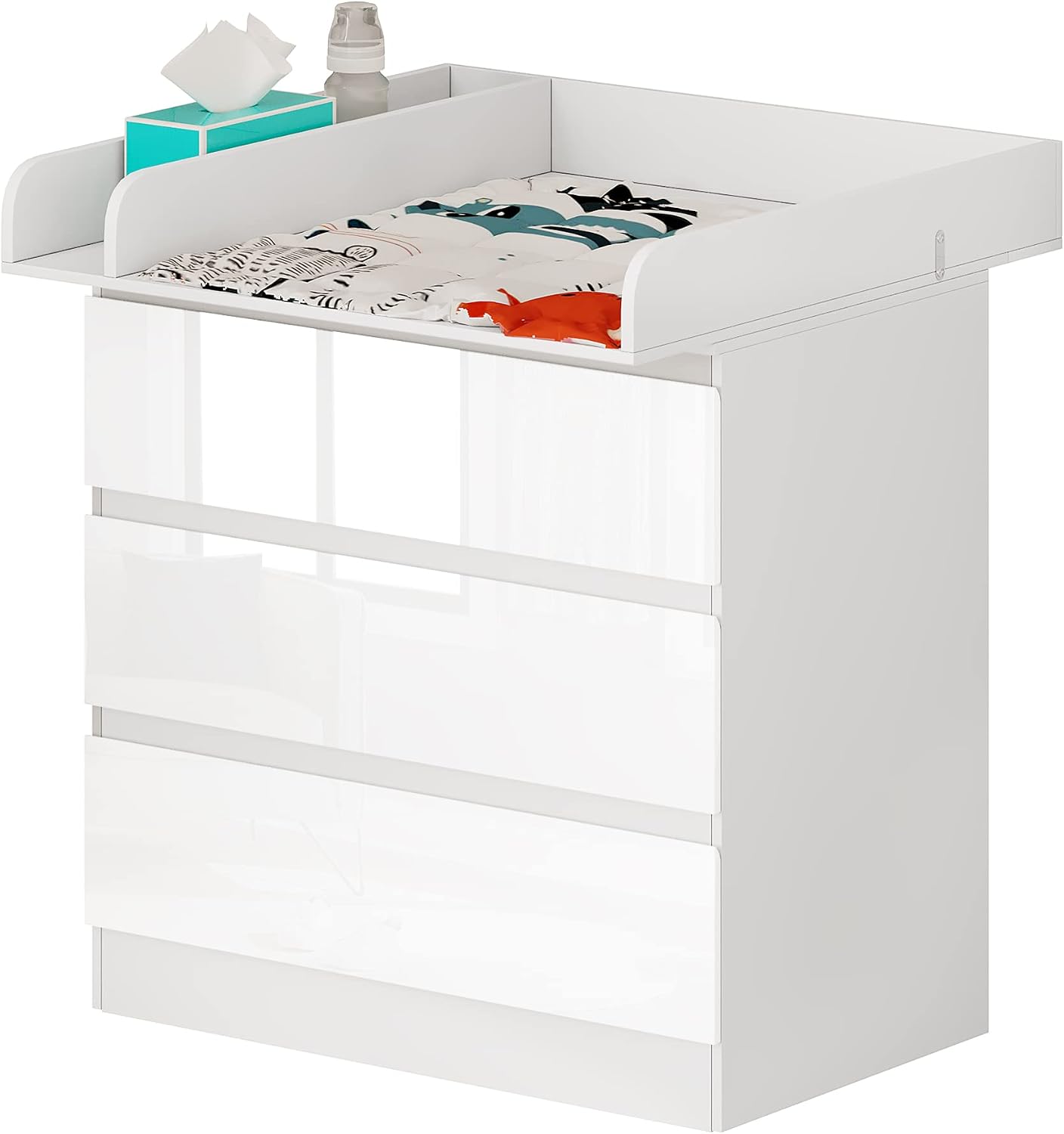 WOLTU Wickelkommode mit Wickelaufsatz, Kommode mit 3 Schubladen, Wickeltisch mit geräuscharmen Metallschienen Kippschutz, 86 cm für Lendenwirbelschutz, weiß