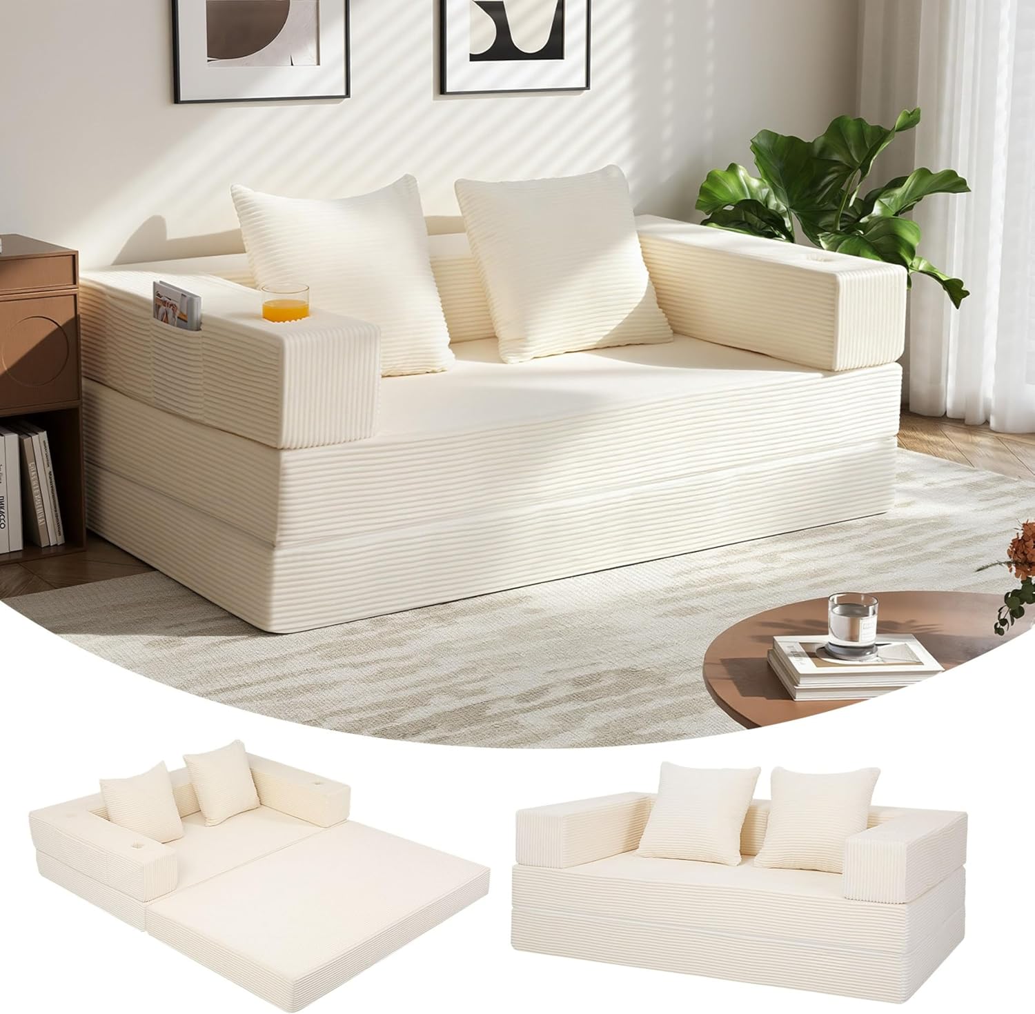 MeMoreCool Schlafsofa 4-in-1 mit Armlehnen, Klappbares Bodensofa, Beige