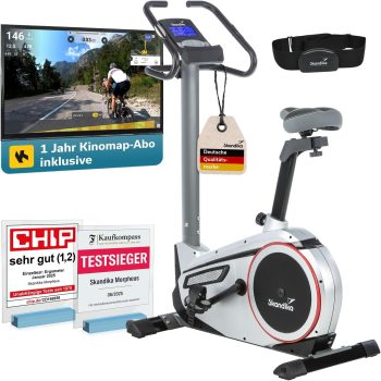 Skandika Ergometer Morpheus | Heimtrainer für Zuhause, 12 kg Schwungmassensystem, 32 Levels, 24 Programme, App Kompatibel mit Kinomap, Pulsgurt, Tablethalterung | Indoor Fahrrad bis 150 kg