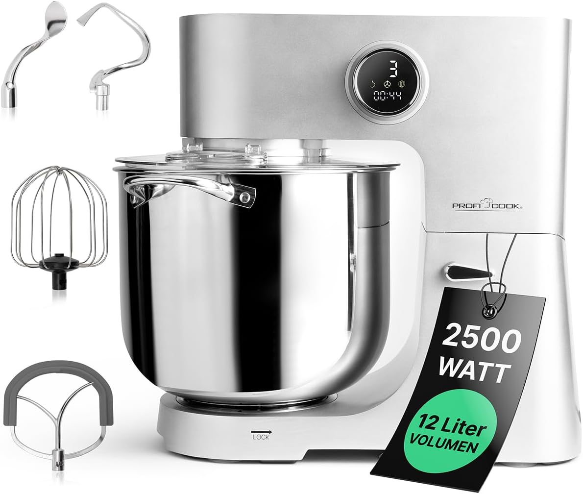 ProfiCook Küchenmaschine mit XXL 12L Schüssel | Knetmaschine mit 2500W | Metallgetriebe und LED-Display | Food Processor für bis zu 8,5 kg Teig | 13 Geschwindigkeiten | PC KM 1254 titan