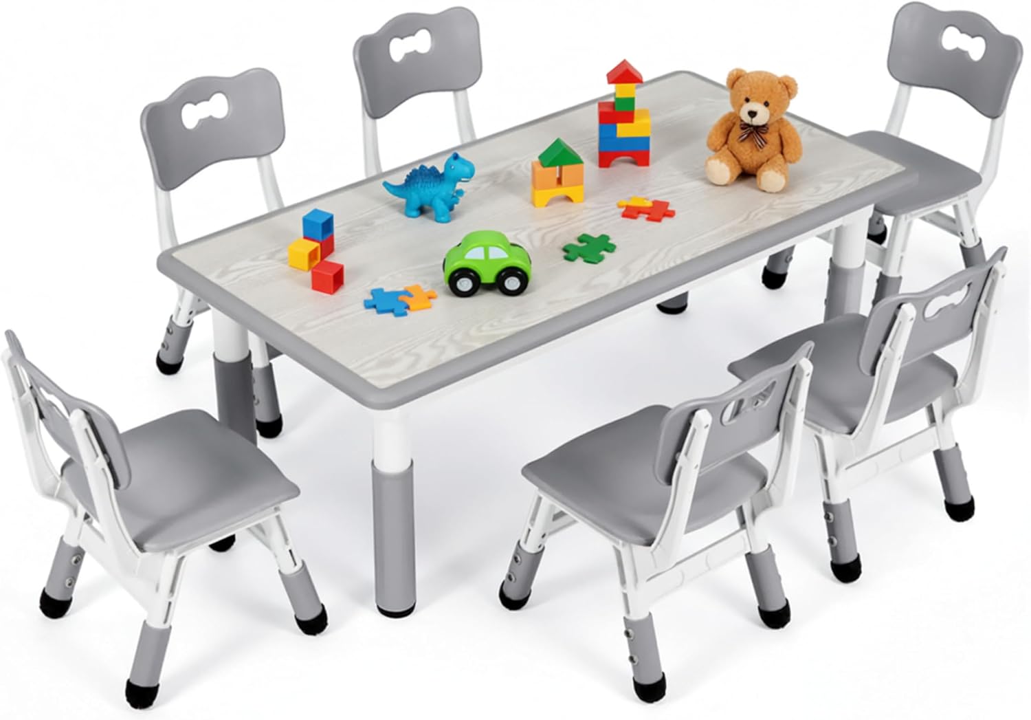 MAMIZO Kindertisch Packung mit 6 Stühlen, Kindertischgruppe Höhenverstellbar, Kinder Tisch Stuhl Set für Kindergarten und Kinderzimmer, Plastik Kindermöbel, Sitzgruppe Jungen Mädchen ab 2 Jahre, Grau