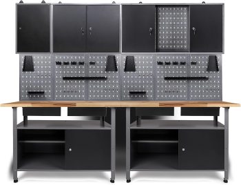 Ondis24 Werkstatteinrichtung Werkstatt Set Werkbank Fritz Hängeschrank Werkzeugwand Metall Schwarz Grau (Hängeschrank Ben & Tim, 242 cm), Buchenholzarbeitsplatte