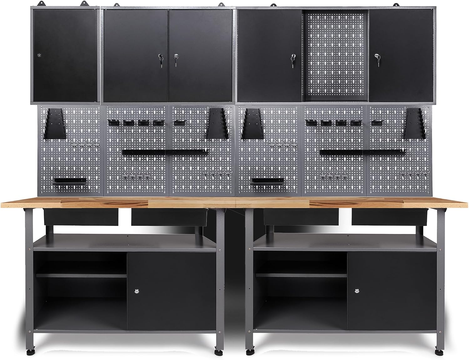 Ondis24 Werkstatteinrichtung Werkstatt Set Werkbank Fritz Hängeschrank Werkzeugwand Metall Schwarz Grau (Hängeschrank Ben & Tim, 242 cm), Buchenholzarbeitsplatte