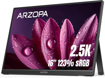 ARZOPA 2.5K Portabeler Monitor, 16 Zoll 2560x1600 HDR 10bit QHD USB-C HDMI Laptop Monitor, 16:10 IPS Augenschutz Externer Zweitbildschirm für Mac PC Phone PS4/5 Xbox Switch (Z1RC)