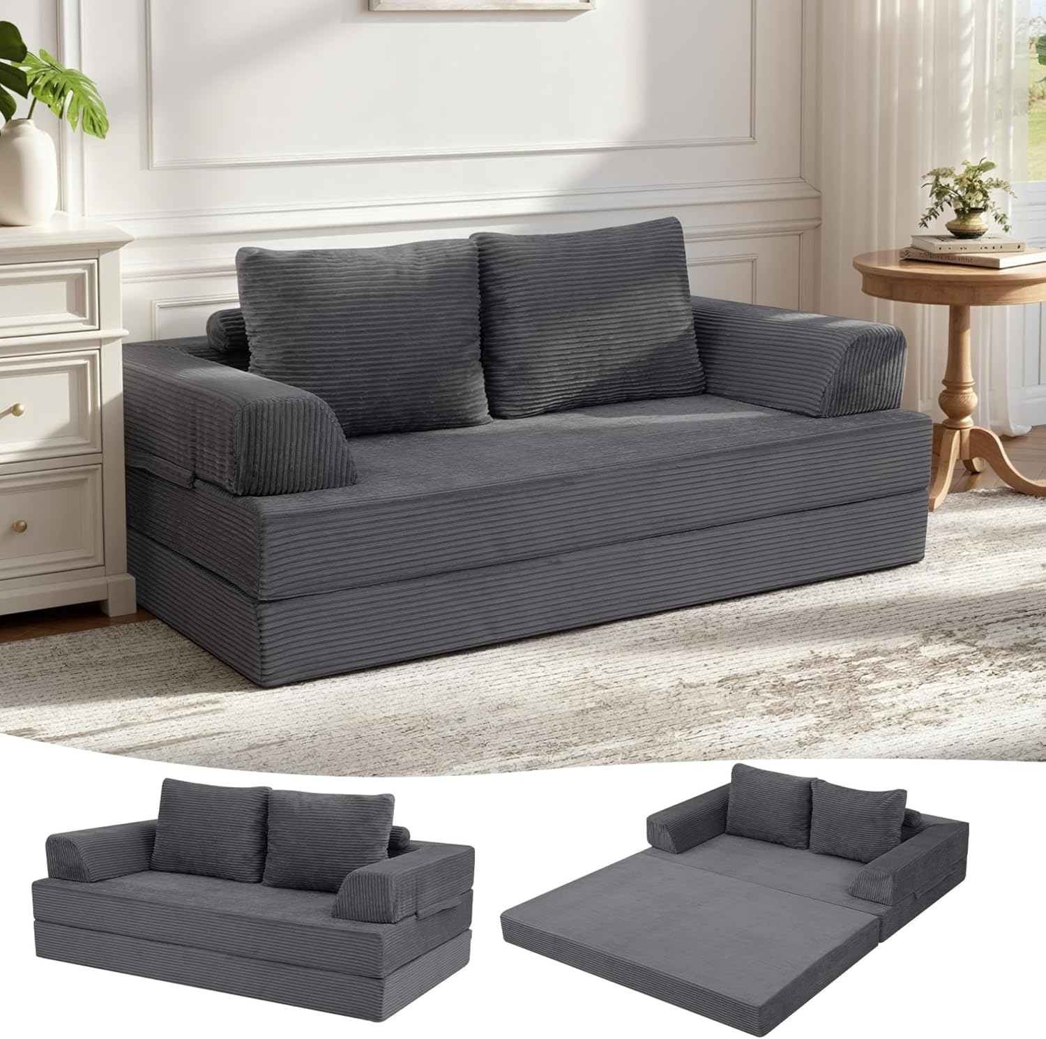 MeMoreCool Schlafsofa Cord, Klappbares Bodensofa mit Kissen, Dunkelgrau