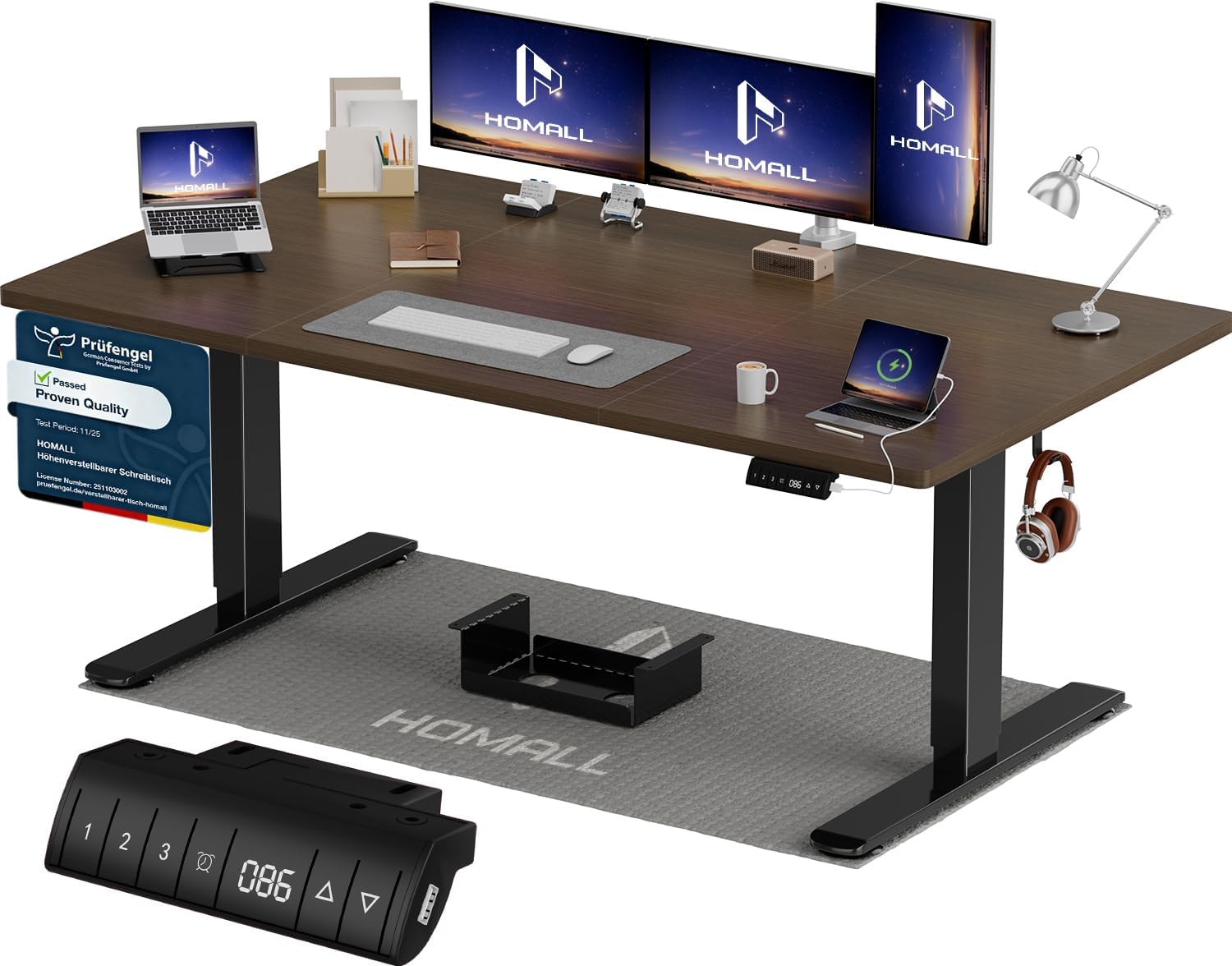 Homall Höhenverstellbarer Schreibtisch 160x80cm mit USB-A Ladeanschluss, Elektrischer Schreibtisch mit Kabel Management Tray, Standing Desk mit 3 Memory Funktion, Computertisch Nussbaum