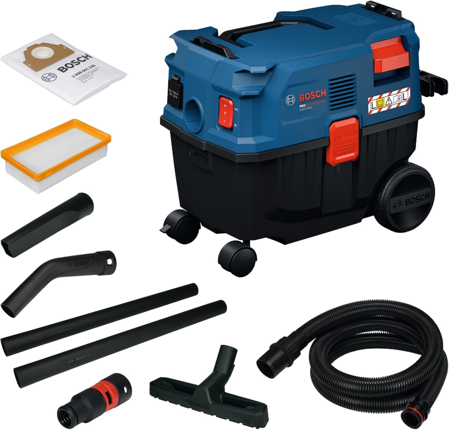 Bosch PRO Kabel-Nass-/Trockensauger GAS12-25LS (inkl. Kunststoff-Verlängerungsrohre, Flachfaltenfilter, 3,1 m Saugschlauch, gebogene Düse, Bodendüse, Fugendüse, Vliesbeutel, Universaladapter)